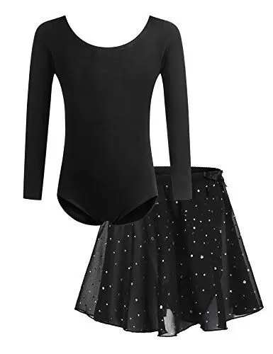 Produktbild: Bricnat Mädchen Ballettkleidung Kinder Ballettkleid Tanzbody Gymnastikanzug Balletttrikot Langarm Tanzkleid mit Tütü Kinder Baumwolle Schwarz 160