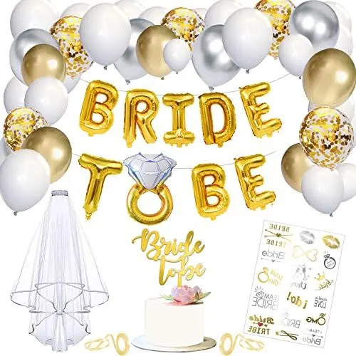 Produktbild: Bride To Be Deko XXL Set, Jga Deko Frauen Gold, 42 Teile Junggesellenabschied Frauen Deko mit Schleier Folienballon Girlande Luftballons Tattoos Cake Topper für Bachelorette Party