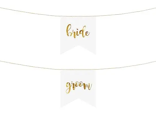 Produktbild: Bride and Groom Schild ca. 20x21cm Deko Anhänger 2er Set Stuhldeko Hochzeit Banner weiß Gold