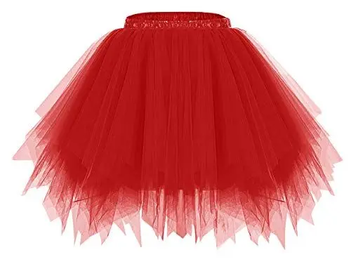 Produktbild: bridesmay Damen Tüll Rock Petticoat Unterrock Kurz Ballett Tutu 50er Rockabilly Tütü Mini Rock Karneval Kostüm Crinoline Rot Red L