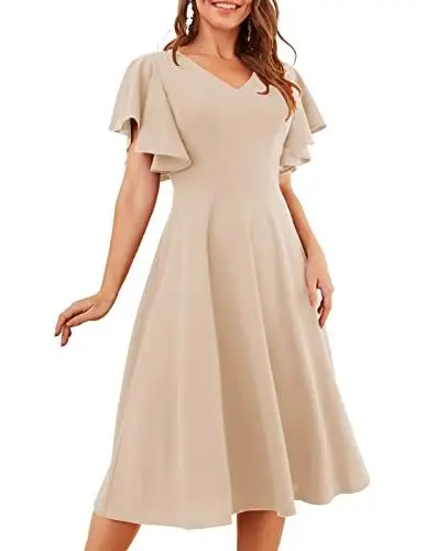 Produktbild: bridesmay Midi Cocktailkleider für Damen Sexy V-Ausschnitt 50s Retro Petticoat Faltenrock Festlich Elegant Abendkleider Mit ärmel Ballkleid Schönes Schwingen Tanzkleid Champagne XL