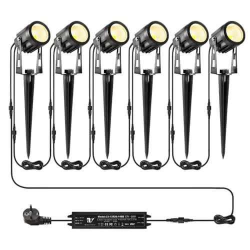 Produktbild: B-right Gartenbeleuchtung 6 in 1 Gartenleuchte mit Erdspieß, 6er Set 3W Gartenstrahler mit Stecker, Gartenlicht Gartenlampe mit Kabel, 1800 Lumen, IP65 Wasserdicht Rasenstrahler Rasenlicht für Außen