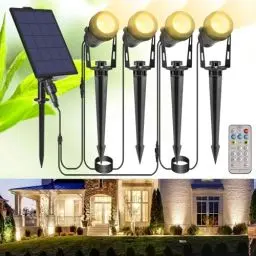 Produktbild: B-right Solar Strahler Gartenleuchten mit Fernbedienung, IP65 4 Stück Gartenbeleuchtung Gartenstrahler mit Erdspieß, LED Solarlampe Garten Außen, 2700K Warmweiß Solarstrahler für Hof Terrasse Bäume