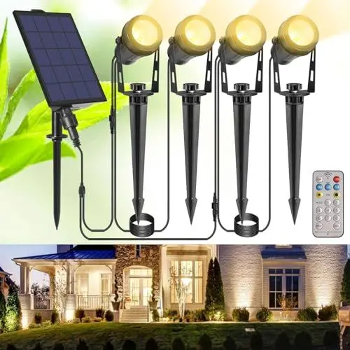 Produktbild: B-right Solar Strahler Gartenleuchten mit Fernbedienung, IP65 4 Stück Gartenbeleuchtung Gartenstrahler mit Erdspieß, LED Solarlampe Garten Außen, 2700K Warmweiß Solarstrahler für Hof Terrasse Bäume
