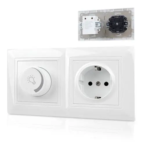 Produktbild: BrightArk Dimmschalter Steckdosendimmer 16A, Dimmer mit Steckdose Set 2-fach Weiß, dimmer steckdose mit EIN/AUS Schalter für dimmbare Leuchmittel Lampen