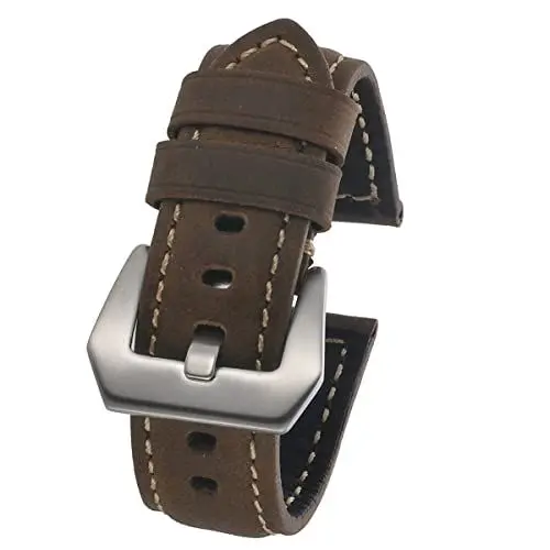 Produktbild: BrightBulb 22Mm 24Mm 26Mm Uhrenarmband Aus Echtem Leder Edelstahl-Schnalle Uhrenarmband Handschlaufe für Pan&erai Luminor Radiomir-Dunkelbraune + Silberne Schnalle 22mm