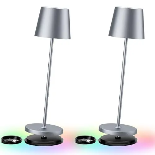 Produktbild: brightower 2 Stück LED Akku Tischlampe Kabellose, Dimmbare Touch Tischleuchte mit USB Ladestation, Warmweiß & 8 RGB Farben Outdoor Tischlampe, Aluminium, IP54 Wasserdichte (Silbergrau 2 Stück)