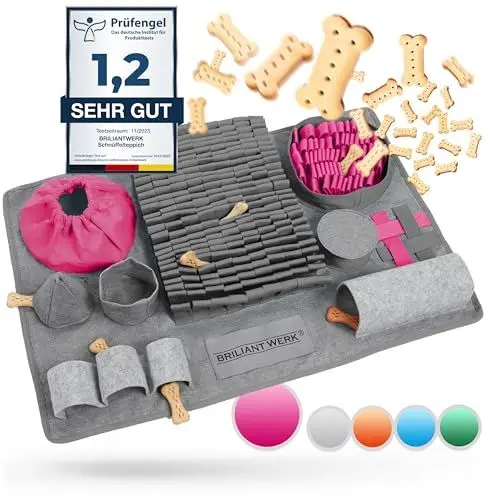 Produktbild: Briliantwerk® Schnüffelteppich Hund – Extrem widerstandsfähiges Material - 10 Trainingselemente und 3 Schwierigkeitsstufen – Das Intelligenzspielzeug für Hunde jeder Größe (Pink)