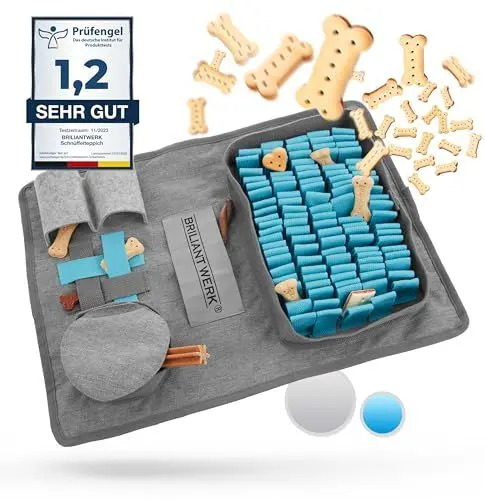 Produktbild: Briliantwerk®️ Schnüffelteppich Hund – Extrem widerstandsfähiges Material - 5 Trainingselemente und 3 Schwierigkeitsstufen – Das Intelligenzspielzeug für Hunde jeder Größe (Grau)