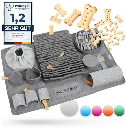 Produktbild: Briliantwerk® Schnüffelteppich Hund – Extrem widerstandsfähiges Material - 10 Trainingselemente und 3 Schwierigkeitsstufen – Das Intelligenzspielzeug für Hunde jeder Größe (Grau)