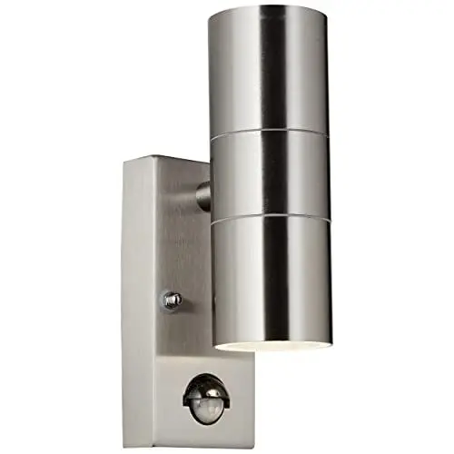 Produktbild: Brilliant 2 flammige Wandlampe - spritzwassergeschützte Wandleuchte für Außen - Lichtauslass ist beidseitig mit Bewegungsmelder aus Edelstahl, in edelstahl - 22x7cm, 96418Z82