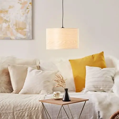 Produktbild: Brilliant Hängelampe im Nature Stil - Pendelleuchte mit Schirm höhenverstellbar und dimmbar geeignetem Leuchtmittel aus Metall/Holz, in holz hell/schwarz - Ø 35cm, 99490Z76