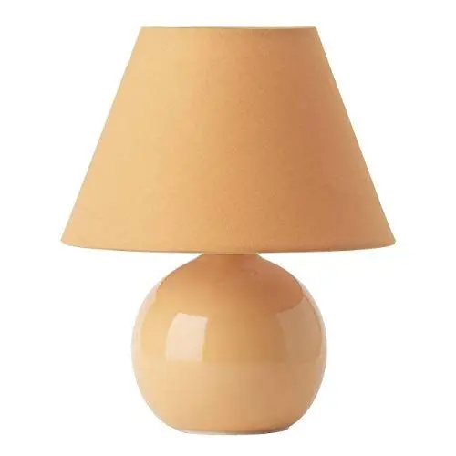 Produktbild: Tischlampe mit Stoffschirm von Brilliant - pfirsichfarbene Lampe mit runder Keramikbasis und E-14-Fassung - orangene Tischleuchte mit praktischem Schnurzwischenschalter - für LED-Leuchtmittel geeignet