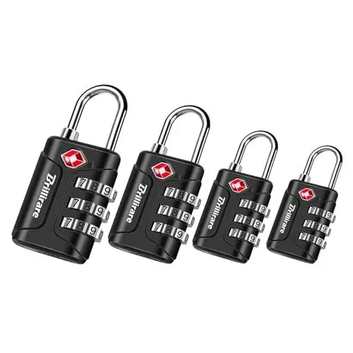 Produktbild: Brillirare 4 Stück TSA Genehmigte Vorhängeschloss, Reise Kombinations Kabelschlösser, 3 Stellig Gepäckschlösser Sicherheitsschloss Metall für Koffer, Rucksäcke, Turnschrank, Zaun, Tor, Koffer-Schwarz