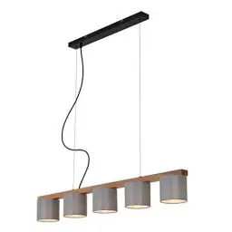 Produktbild: Briloner Leuchten - Pendelleuchte, Pendellampe 5-flammig, retro, vintage, höhenverstellbar, 5x E14, max. 25 Watt, Metall-Holz inkl. graue Stoffschirme, 1100x150x1360mm (LxBxH)