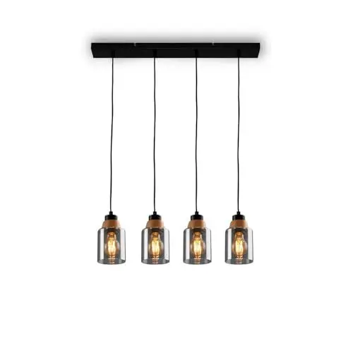Produktbild: BRILONER – 4-flammige Pendelleuchte, Rauchglas, Deckenlampe, Deckenleuchte, Lampe, Wohnzimmerlampe, Lampenschirm aus Rauchglas, Hängelampe, Kronleuchter, Schlafzimmerlampe, Schwarz-Holz