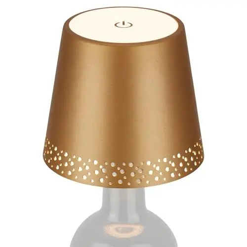 Produktbild: BRILONER - LED Flaschenlampe kabellos mit Touch, dimmbar, warmweiß, Nachttischlampe, Flaschenleuchte, LED Lampe, Akku Tischleuchte, Weinlampe, Flaschenlampe Aufsatz, 11 x 9 cm (DxH), Gold-Matt