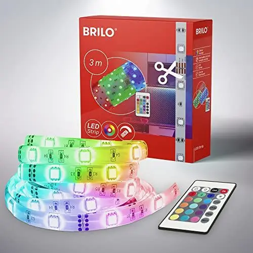 Produktbild: BRILONER - LED Strip 3m mit Fernbedienung, buntes RGB Licht, dimmbar, LED Streifen, Leiste, Zimmer deko, Gaming Deko, Band, Lichtleiste, Lichtband, Beleuchtung, 300x1x0,3 cm, Weiß