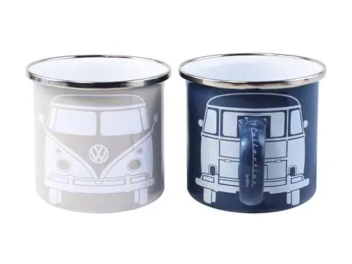 Produktbild: BRISA VW Collection - Volkswagen 2er Set Emaille Kaffee-Tee-Cappuccino-Tasse-Becher-Haferl Mug für Camping & Outdoor T1 Bus (350 ml x2/Blau & Grau)
