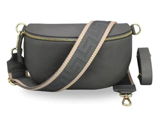 Produktbild: BRISE Bauchtasche Damen Echtes Leder SAHEL Handgemachte Umhängetasche Crossbody Bag Hüfttasche mit Ledergurt + Optionalen Breiten Gemusterten Riemen Gürteltasche Made in Italy (Dunkelgrau-Gold 5)