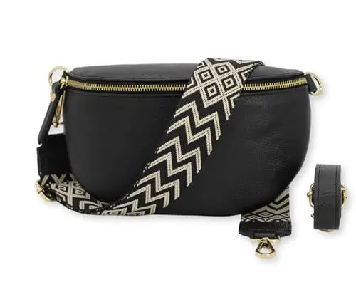Produktbild: BRISE Bauchtasche Damen Echtleder SAHEL Gold Handgemachte Umhängetasche Crossbody Bag Hüfttasche mit Ledergurt + Optionalen Breiten Gemusterten Riemen Gürteltasche Made in Italy (Schwarz-Gold 2)