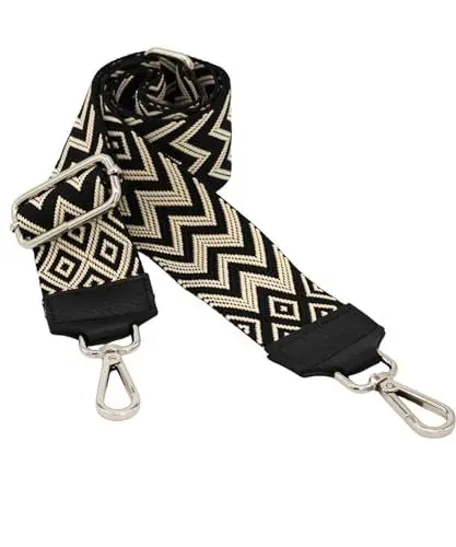 Produktbild: BRISE Taschengurt für Damen & Herren, 5cm Breiter Schultergurt, Verstellbarer 80-130 cm Taschenriemen aus Polyesterstoff und Leder, Stylischer Riemen mit 360 Drehbarer Kopf (Zickzack - Schwarz)