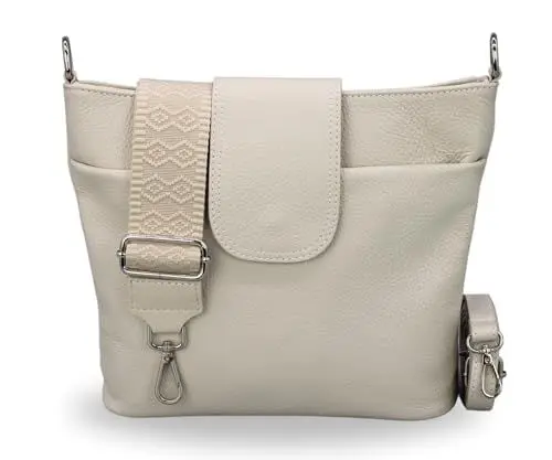 Produktbild: BRISE Umhängetasche Damen Echtes Leder ELLIE Handgemachte Crossbody Bag mit Ledergurt + Optionalen Breiten Gemusterten Riemen 6 Fächer Wasserdichte Schultertasche Made in Italy (Beige - 5)