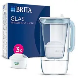 Produktbild: BRITA Glaswasserfilter, Premium-Kanne, hellblau (2,5 l), inkl. 3 x MAXTRA PRO All-in-One-Kartusche, robust und leicht/reduziert Kalk, Chlor, Metalle wie Blei und Kupfer (Verpackung kann variieren)