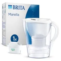 Produktbild: BRITA Wasserfilter-Kanne Marella weiß (2,4l) inkl. 1x MAXTRA PRO All-in-1 Kartusche – Filter zur Reduzierung von Kalk, Chlor, Blei, Kupfer & geschmacksstörenden Stoffen im Wasser