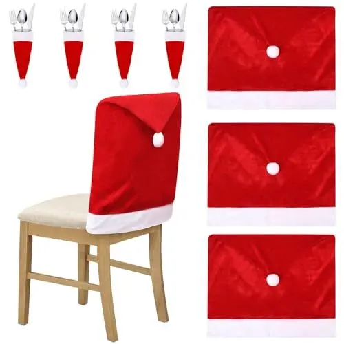 Produktbild: BROADREAM 4er Set Weihnachten Stuhlhussen, Nikolausmütze Stuhlbezug Husse Stretch Stühle Überzieher, Abnehmbarer Stuhlabdeckung im weihnachtlichen Design für Esstisch Weihnachten Dekoration