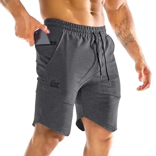 Produktbild: BROKIG Gym Sporthose Herren Kurz Baumwolle Fitness Shorts mit Versteckte Reißverschlusstasche (Dunkelgrau,S)