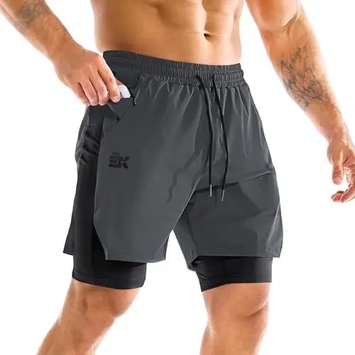 Produktbild: BROKIG Kurze Sporthose Herren 2 in 1 Laufshorts, Leichte Trainingsshorts Gym Shorts Herren (Dunkelgrau,L)