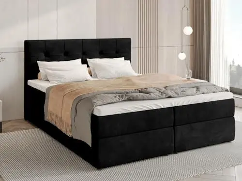 Produktbild: BROMARKT Boxspringbett mit Bettkasten Polsterbett mit Bonell-Matratze und Topper Doppelbett mit Stauraum Bett für Schlafzimmer gepolstertes Kopfteil Detroit 160x200 Härtegrad H3 Samtstoff Schwarz