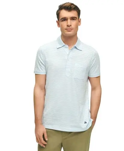 Produktbild: Brooks Brothers Herren Kurzarm-Poloshirt aus Baumwolljersey mit Feeder-Streifen Polohemd, Blau/Weiß, Mittel