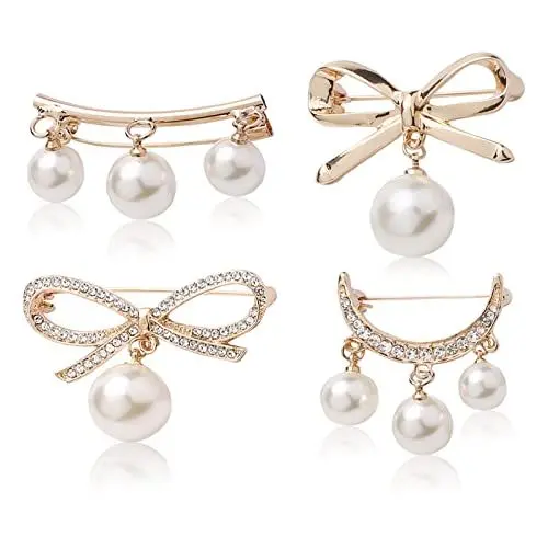 Produktbild: Brosche Damen, 4 Stück Perlen brosche Pins Strass Brustnadel Legierung Broschenstifte Pullover Sicherheitsnadeln Brustnadel Kragen Schal Hut Clip Broschen für Strickjacken Kleider (Gold)