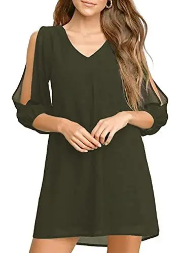 Produktbild: Brosloth Damen Kleider Blusenkleid V-Ausschnitt Elegant Kleid Chiffon-Kleider mit A-Linie 3/4 Ärmel Party Kleid für hochzeitsgäste Lose Tunika Kleid Armeegrün M