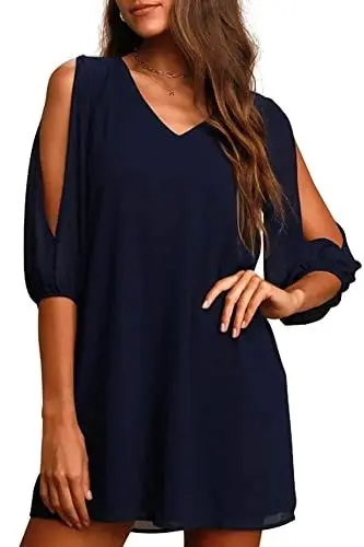 Produktbild: Brosloth Damen Kleider Blusenkleid V-Ausschnitt Elegant Kleid Chiffon-Kleider mit A-Linie 3/4 Ärmel Party Kleid für hochzeitsgäste Lose Tunika Kleid Navyblau M