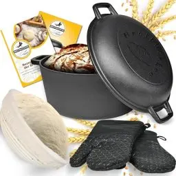 Produktbild: BROTBACKFEE® Gusseisen Topf mit Deckel Brot backen Brottopf zum backen (5 in 1 Gärkorb, Ofenhandschuhe, Rezepte, Anleitung) Brotbackform rund, Gusseisentopf, Brotbacktopf, Brotbackset, Brotform
