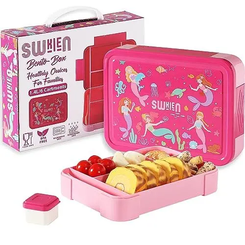 Produktbild: Swkien Brotdose Kinder mit Fächern - 1300ml Bento Box Kinder Lunchbox mit Besteck - Brotdosen mit Trennfächern Auslaufsicher Brotzeitbox(Rosa)