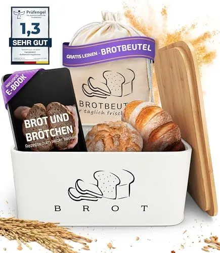 Produktbild: Brotkasten Weiß – Brotbox mit Bambusdeckel als Schneidebrett (2in1 Brotbehälter)- inklusive gratis Brotbeutel Leinen - perfekte Brotaufbewahrung für lange Frische- Premium Brot Aufbewahrungsbox