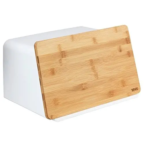Produktbild: WENKO Kubo Brotkasten mit Bambusbrett, Weiß, Belüftungslöcher Sorgen für eine optimale Luftzirkulation, Polystyrol, 35 x 20,5 x 26,5 cm