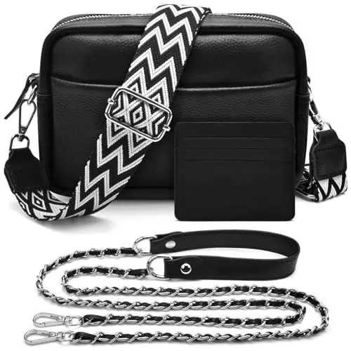 Produktbild: BROTOU Handy Umhängetasche Echtes Leder Crossbody Bag mit 2 Breitem Schultergurt Kartenhalter, Schwarz UmhäNgetasche Damen Leder UmhäNgetasche Damen, Kleine Umhängetasche Damen mit 3 Fächern (S)