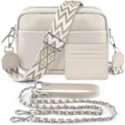 Produktbild: BROTOU Damen Echtes Leder Umhängetasche Crossbody Bag mit 2 Breitem Schultergurt Kartenhalter, Kleine Umhängetasche Damen mit 3 Fächern (S-Beige)