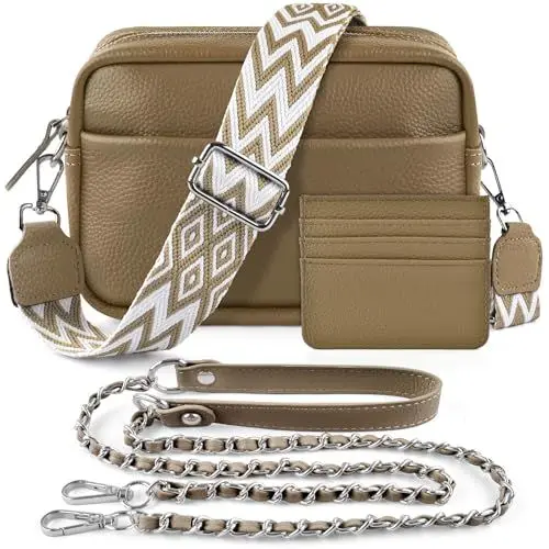 Produktbild: BROTOU Kleine Umhängetasche Echtes Leder Crossbody Bag Damen mit 2 Breitem Schultergurt Kartenhalter,Handtasche Damen Leder Handy Umhängetasche Damen,Kleine Tasche Damen mit 3 Fächern(S-khaki)