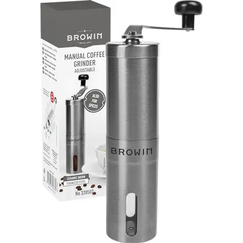 Produktbild: Browin 320502 Handkaffeemühle - einstellbar, Kaffeemühle, Mühle für Kaffee, Salz und Gewürze aus Stahl, Mahlgradeinstellung, Silber