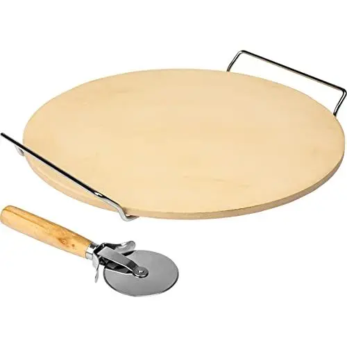 Produktbild: BROWIN® Runder Pizzastein 312009 | Durchmesser 33 cm | Hochwertiger Keramikstein zum Pizzabacken und Brot im Ofen + Inklusive Griff | Komplettes Set mit Pizzaschneider