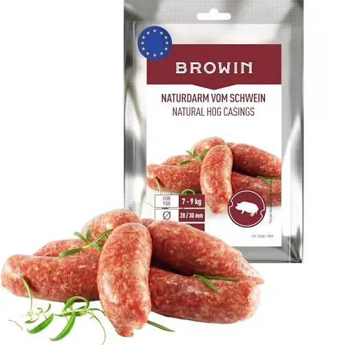 Produktbild: BROWIN® Naturdarm für Wurst | Premium Naturdarm für hausgemachte Würstchen, Wacholderwurst, Weißwurst, Bratwurst (Kaliber 28/30 mm, 15 m, Schweinedarm)