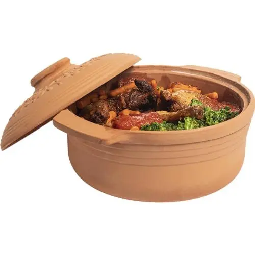 Produktbild: Browin® Tonbräter Bräter aus Naturton Oval 4 Liter | Tonbräter Dampfgarer | Römischer Tonofen | Auflaufform für fettfreies Kochen und zum Backen von Brot und Kuchen | Brätertopf (4 Liter Oval)