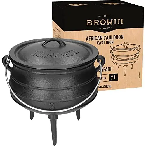 Produktbild: Browin 330510 Afrikanischer Kessel - Safari 7 L, aus Gusseisen, Kochtopf mit Füßen, Bräter mit Deckelheber, Kochen, Braten und Backen, Töpfe aus Gusseisen, Feuertopf für Garten, Lagerfeuer Camping BBQ, Schwarz
