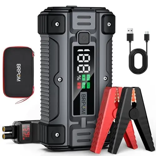 Produktbild: BRPOM Starthilfe Powerbank 6000A 12V (bis zu Allen Benzin und 8.5L Diesel) Auto Starthilfe mit LED-Taschenlampe, großen Bildschirm, Jumper Bildschirm, Autobatterie Booster für SUV Motorrad Rasenmäher